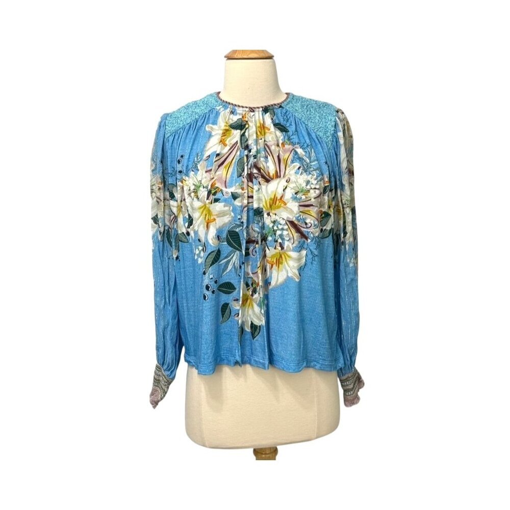 Bl-nk London Anthropologie Sequin Embellished Blouse Top Puff Sleeve Blue Size S